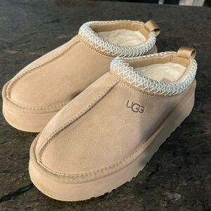 UGG Beige Suede Platform Slippers